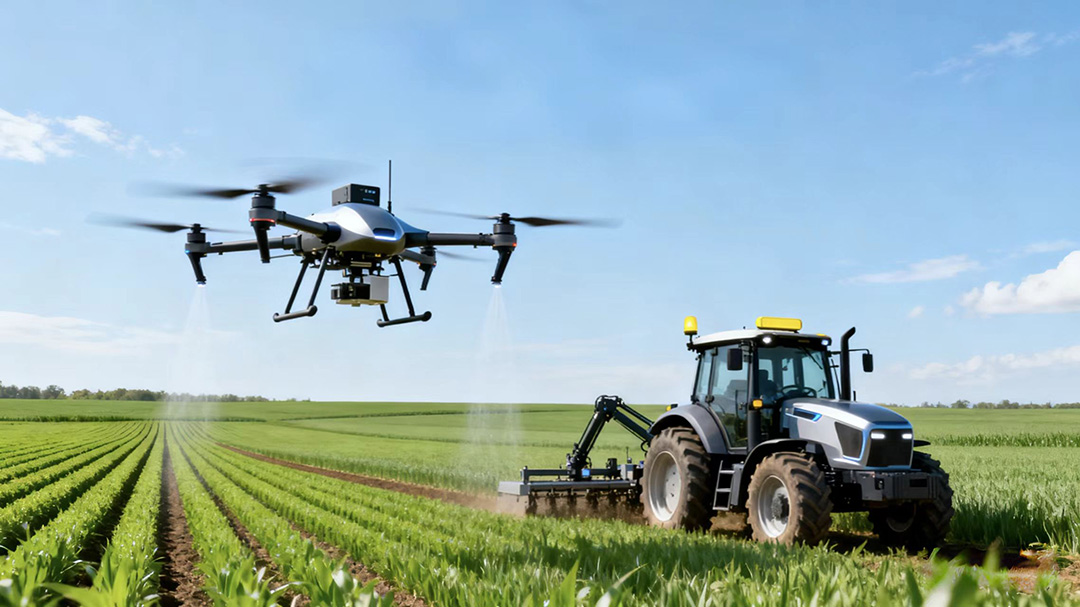 Drone equipped with RTK module performing precise aerial surveying and crop spraying over agricultural fields with autonomous tractor.